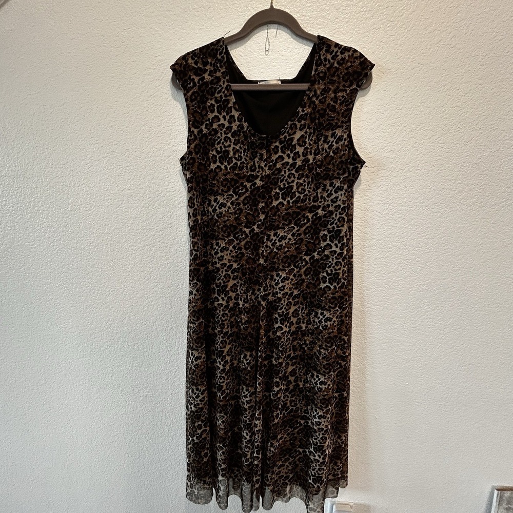 Neiman Marcus Women's L Cheetah Animal V-Neck Midi Length Dress Lined